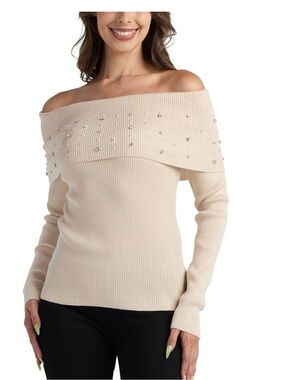 A Byer Gem/Pearl-Embellished OffShoulder Sweater IN Green NOT CREAM, Size XL,NWT